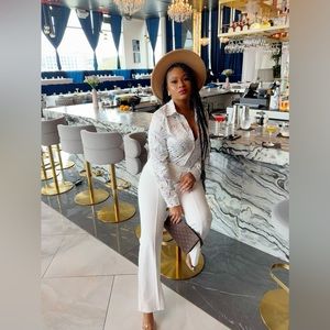 White& black button up shirt